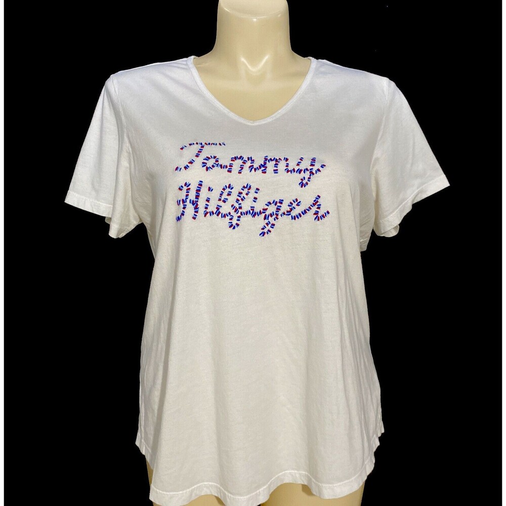 Tommy Hilfiger T Shirt 2X White Red Blue Logo Spell Out Comfy Casual Top